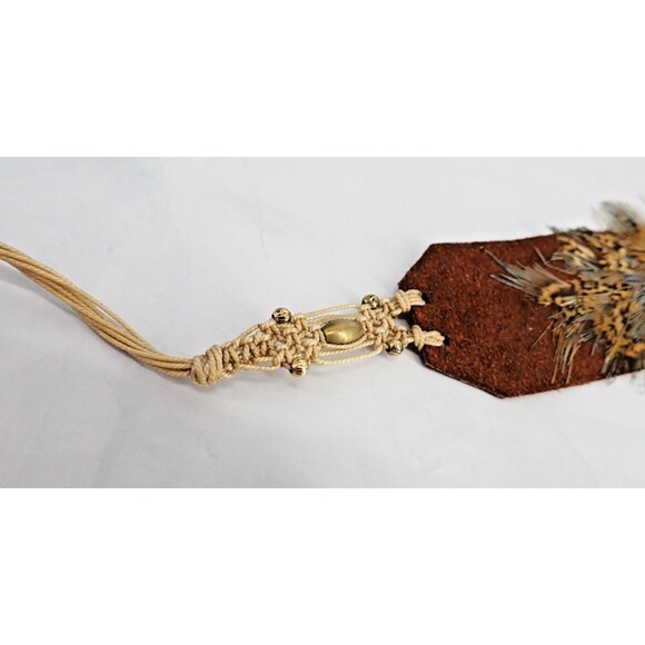 Western Feather Cowboy Hatband on Leather with Beaded Macrame Ties Adjustable - Picture 8 of 10